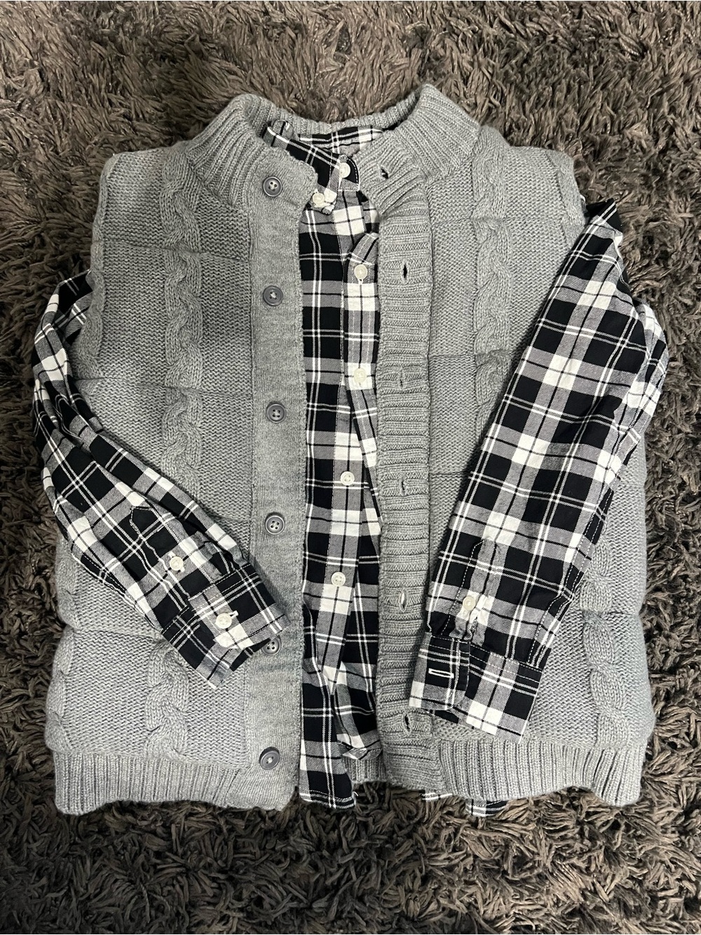 Janie and Jack Grey Cable Knit Vest with Black and White Plaid Shirt